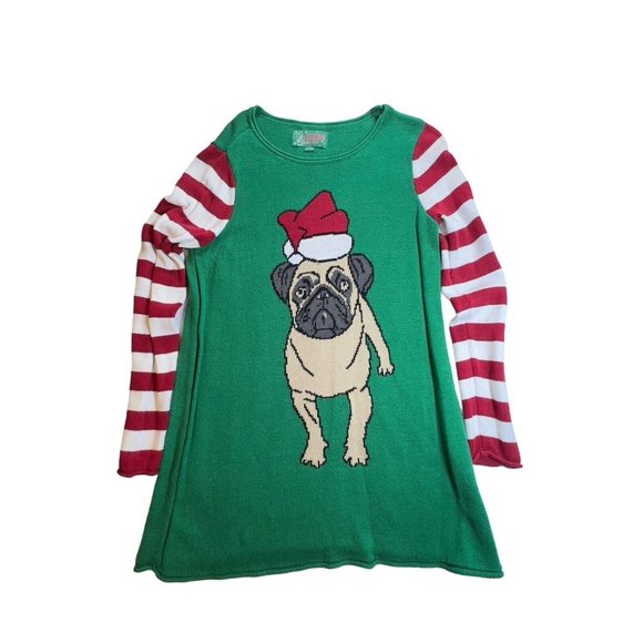 Ugly Christmas Sweater Tops - Ugly Christmas Sweater Santa Pug with Hat Women’s Green Red Long Sleeve Size Med